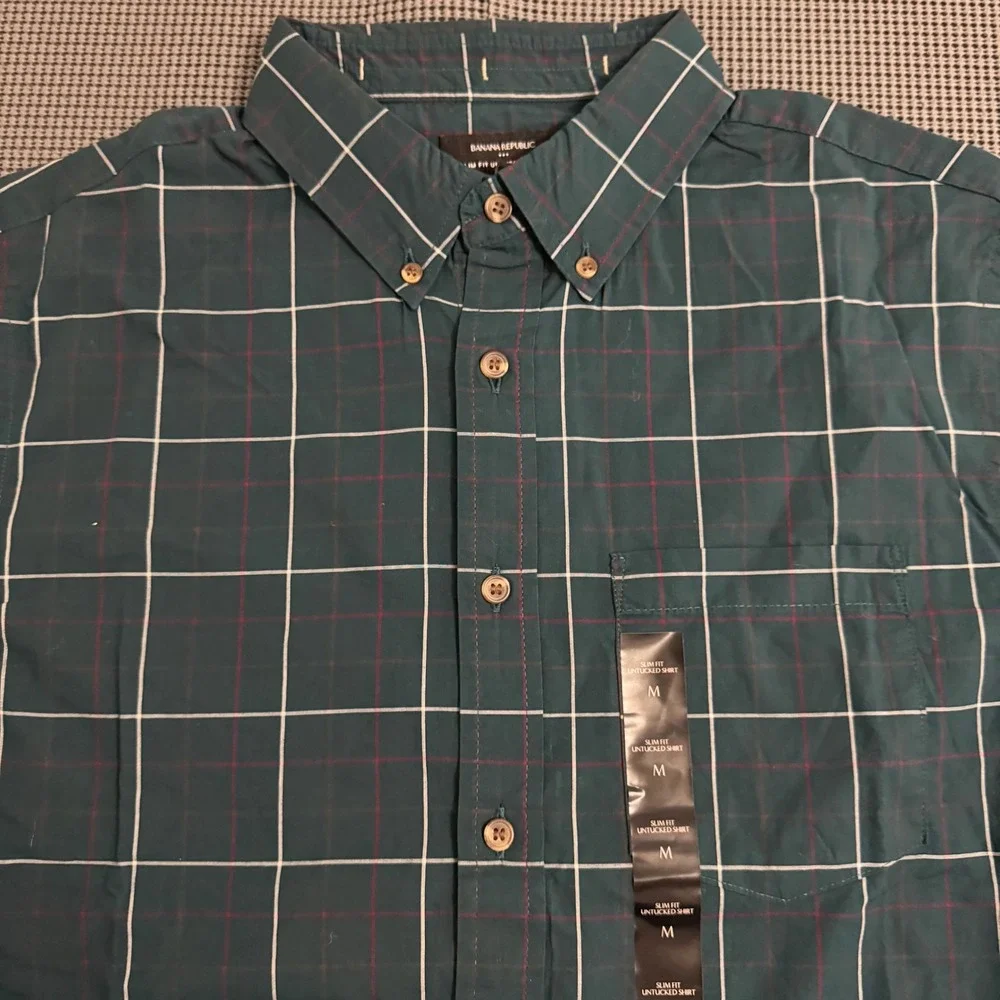 Banana Republic Slim Fit Untucked Green Windowpane Cotton Shirt Mens M NWT